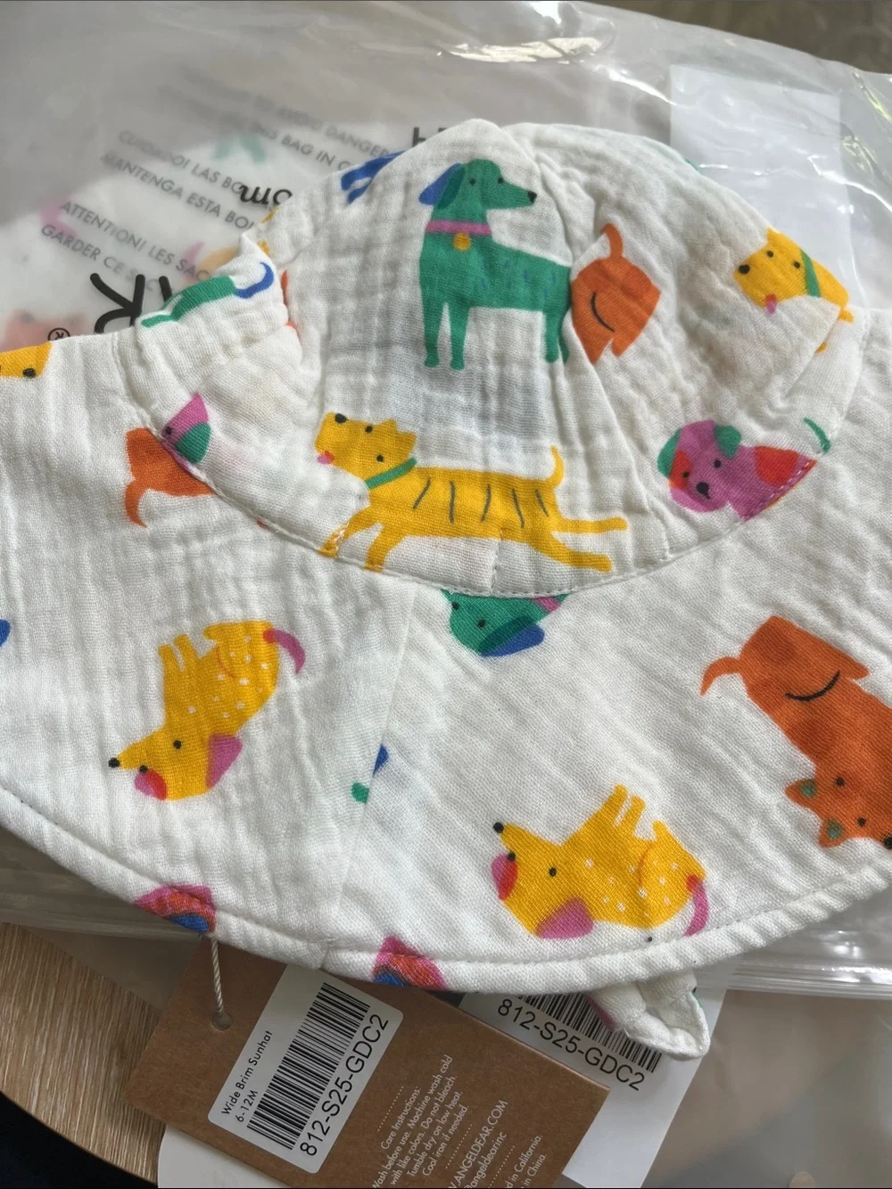 Angel Dear White Sun Hat with Colorful Dog Print NWT